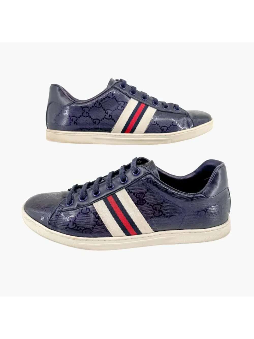 Gucci Low Top Sneakers EU 37 US 7 Navy Blue GG Monogram Impreme Logo Ace Shoe